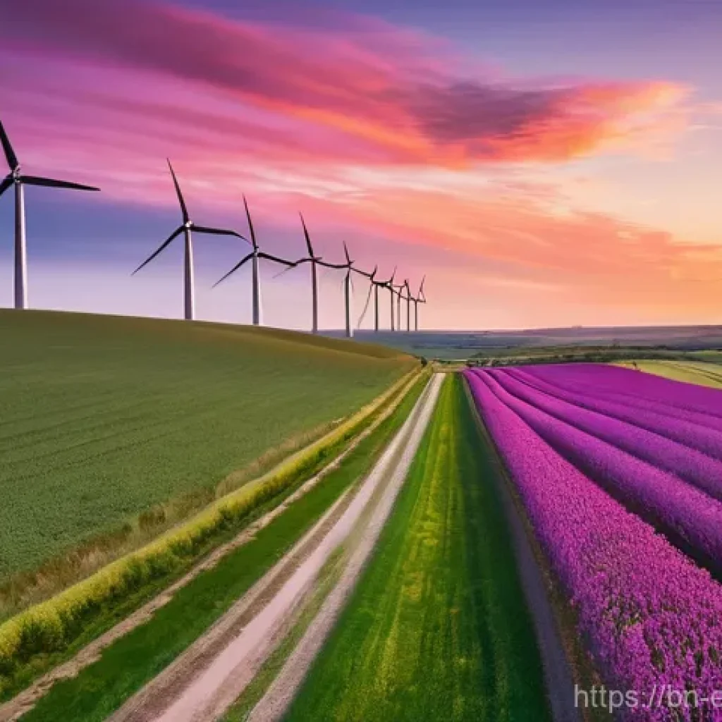 풍력 에너지 변환 원리 - **Prompt:** A majestic, wide shot of an expansive onshore wind farm at sunset. Numerous towering, sl...
