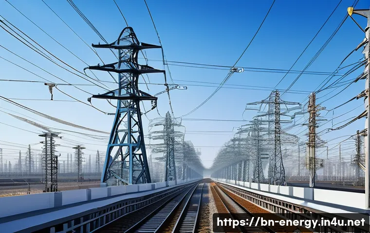 고온 초전도체 응용 - A futuristic power transmission grid featuring high-temperature superconductors, glowing blue and si...