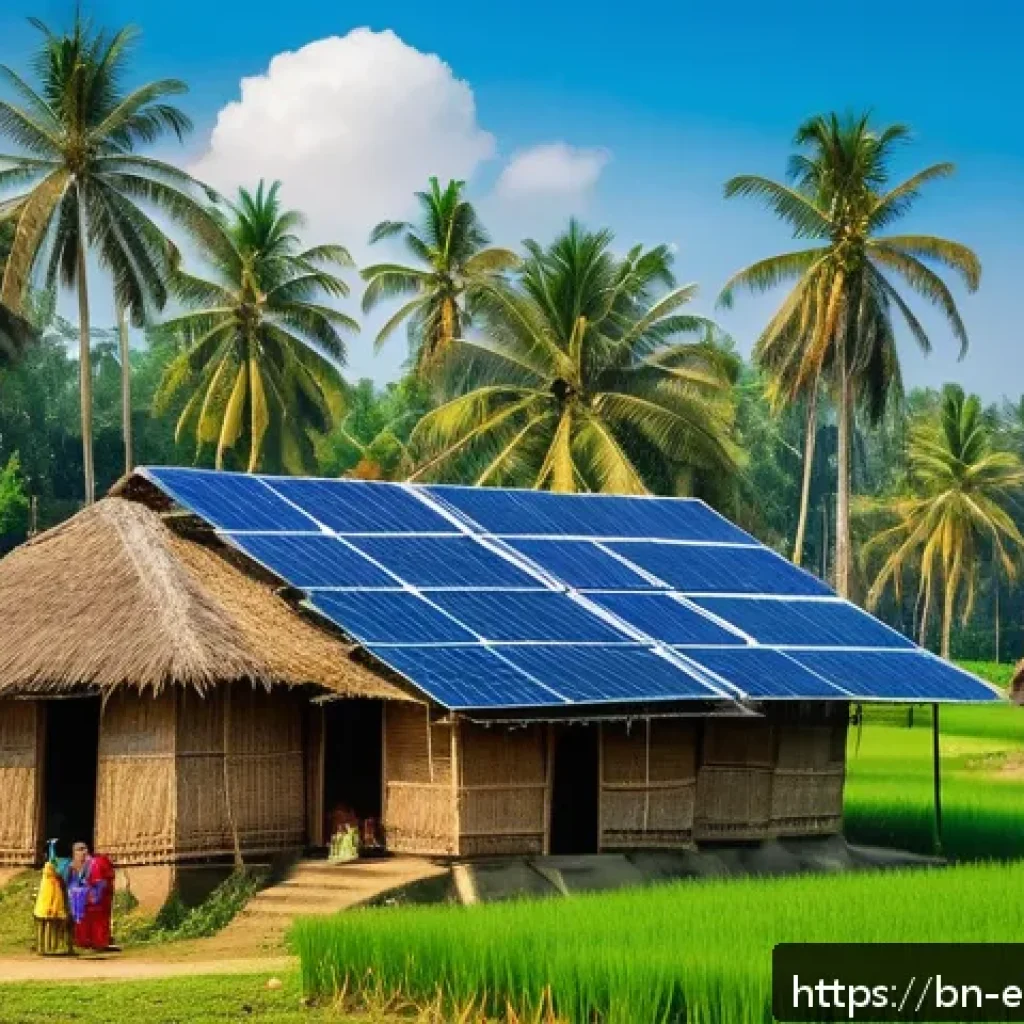 에너지 수확 기술 - A serene rural village scene in Bangladesh showcasing eco-friendly solar panels installed on traditi...