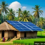 Home 20 에너지 수확 기술 - A serene rural village scene in Bangladesh showcasing eco-friendly solar panels installed on traditi...