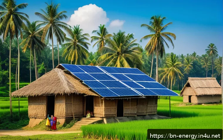 에너지 수확 기술 - A serene rural village scene in Bangladesh showcasing eco-friendly solar panels installed on traditi...