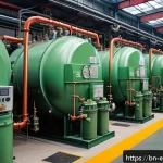 Home 18 폐열 회수 기술 - A detailed industrial factory scene showcasing a large heat recovery boiler system in operation, wit...