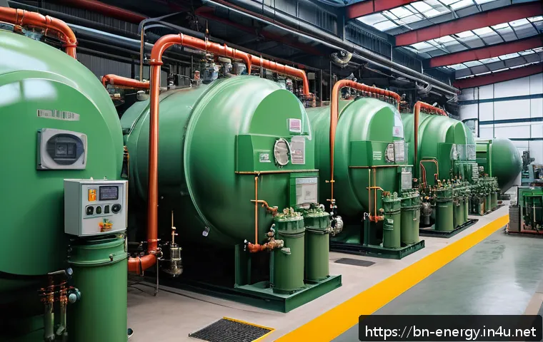 폐열 회수 기술 - A detailed industrial factory scene showcasing a large heat recovery boiler system in operation, wit...