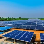 Home 23 에너지 전환 경제성 분석 - A modern industrial factory rooftop in Bangladesh with a large array of sleek solar panels under a b...