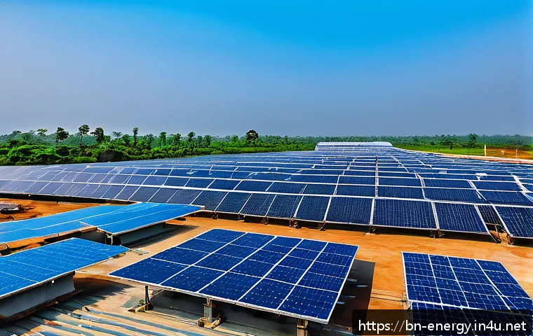 에너지 전환 경제성 분석 - A modern industrial factory rooftop in Bangladesh with a large array of sleek solar panels under a b...