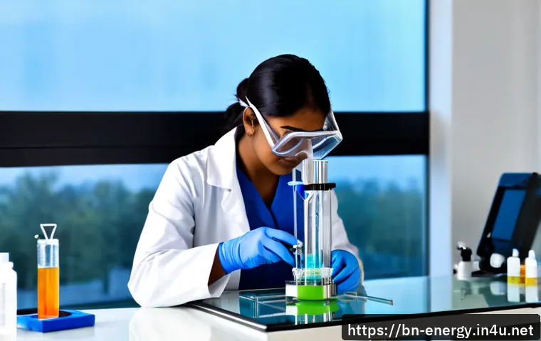 Home 17 전기화학적 촉매 개발 - Photorealistic electrochemical catalyst development laboratory, South Asian female scientist in safe...